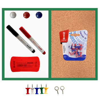 Trocken abwischbare Korktafel, magnetischer Holzrahmen, grün, 60 x 40 + Stifte 30 Stück + 2 Marker + Schwamm