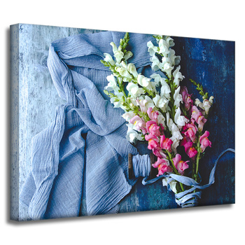 Leinwandgemälde Tiere Löwenmäulchen auf blauem Stoff 40x30 cm