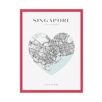 Poster Singapur Stadtplan Herz 24X30 cm + Amaranthrahmen