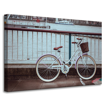 Leinwandgemälde Vintage Fahrrad in der Stadt an der Brücke 90x60