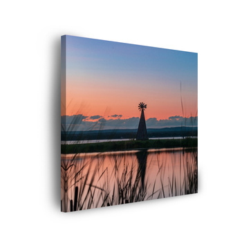 Leinwanddruck Windmühle Himmel Natur Sonnenuntergang See Gras 90x90