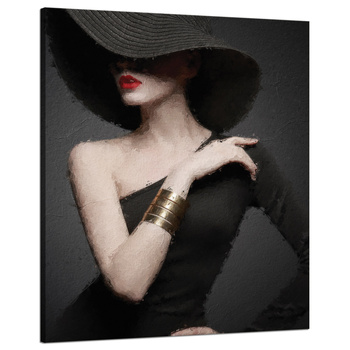 Leinwandgemälde Elegante Frau Schwarzer Hut Rote Lippen 80x100 cm