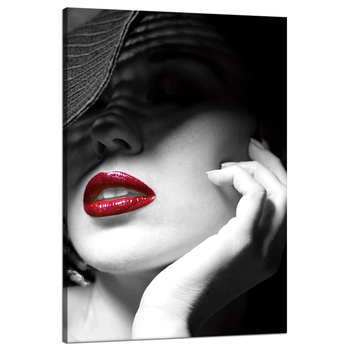 Leinwandgemälde Rote Lippen Frauen Schwarzer Hut Eleganz 80x120 cm