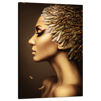 Leinwandgemälde Nachdenkliche Frau Goldene Farben Federn 80x120 cm