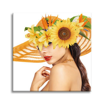 Leinwandgemälde Sommerfrau Schönheit Hut Blumen 90X90 cm