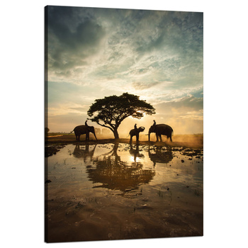 Leinwandgemälde Menschen auf Elefanten bei Sonnenuntergang 80x120 cm