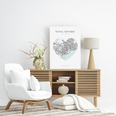 Poster Singapur Stadtplan Herz 24X30 cm + Amaranthrahmen