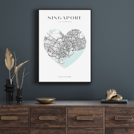 Poster Singapur Stadtplan Herz 24X30 cm + Amaranthrahmen