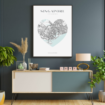 Poster Singapur Stadtplan Herz 24X30 cm + Amaranthrahmen