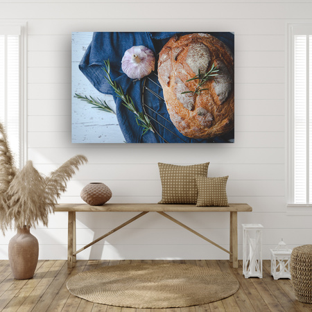 Leinwandgemälde Brot Knoblauch Frühstück Rosmarin Vintage 90x60