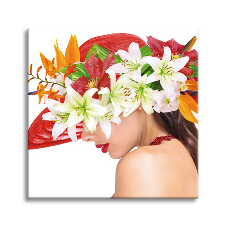 Leinwandgemälde Frau Blumen Frühlingshut 90X90 cm