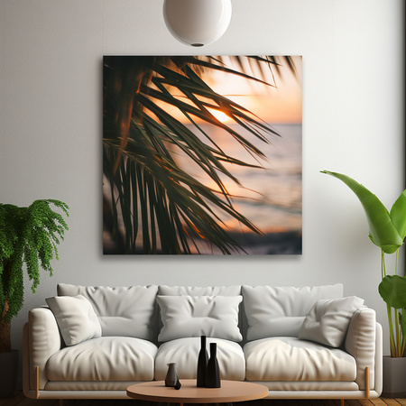 Leinwandgemälde Natur Strand Palme Meer Sonnenuntergang 90x90