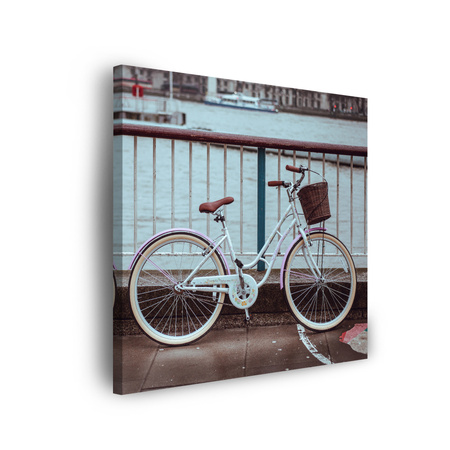 Leinwandgemälde Vintage Fahrrad in der Stadt an der Brücke 90x90