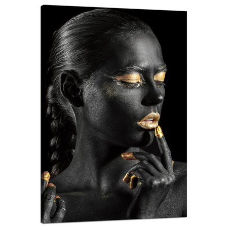 Leinwandgemälde Schwarze Frau Goldene Lippen Augen Pose 80x120 cm