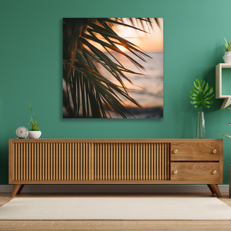 Leinwandgemälde Natur Strand Palme Meer Sonnenuntergang 90x90