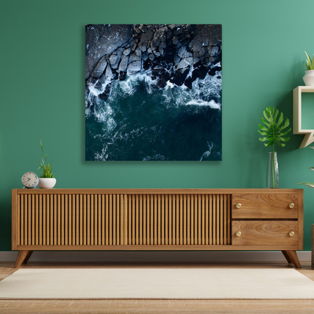 Leinwandgemälde Natur Wellen Meer Felsiger Strand 90x90