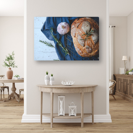 Leinwandgemälde Brot Knoblauch Frühstück Rosmarin Vintage 90x60