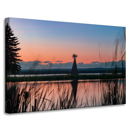Leinwanddruck Windmühle Himmel Natur Sonnenuntergang See Gras 90x60
